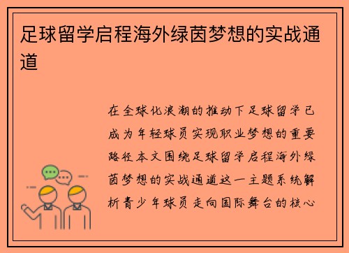 足球留学启程海外绿茵梦想的实战通道